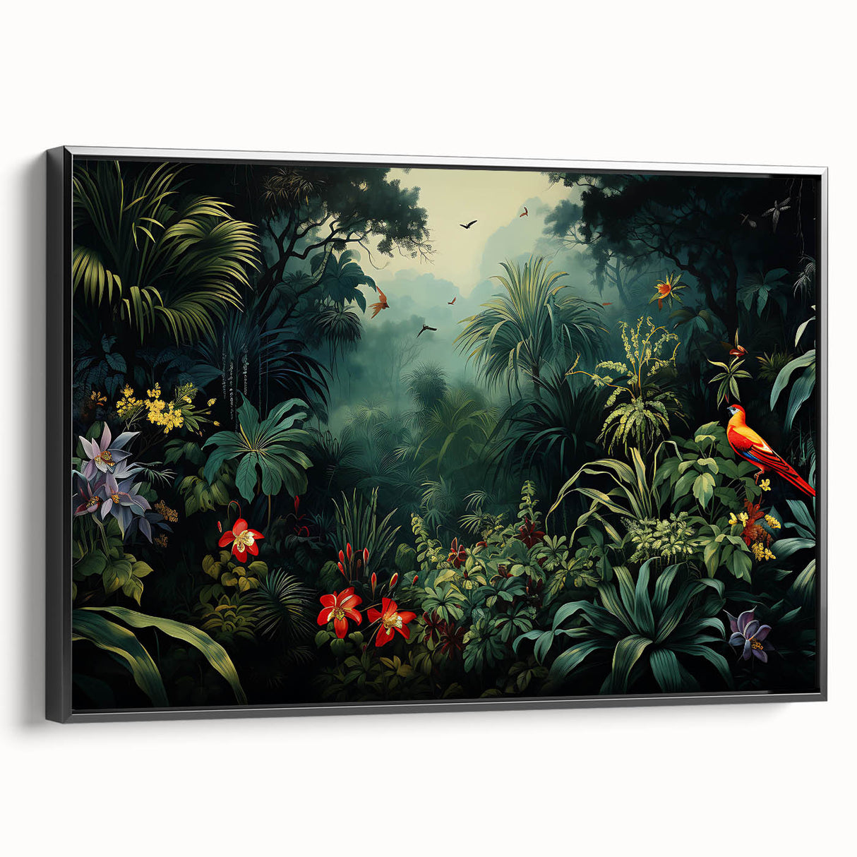 Framed canvas wall art showcasing a vibrant rainforest landscape design with rich greens and browns, featuring a sleek black frame and side view display.