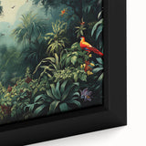 Close-up of a vibrant rainforest-themed framed canvas wall art, showcasing lush green foliage and intricate details, perfect for nature-inspired decor.