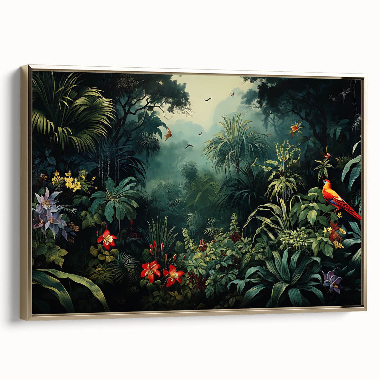 Framed canvas wall art showcasing a vibrant rainforest design with lush green foliage and golden accents, perfect for enhancing home decor in natural themes.