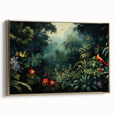 Framed canvas wall art showcasing a vibrant rainforest design with lush green foliage and golden accents, perfect for enhancing home decor in natural themes.