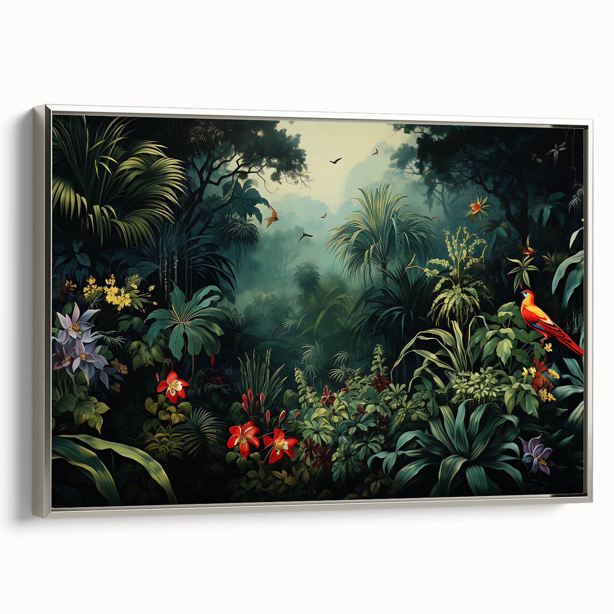 Framed wall art featuring a vibrant rainforest landscape design with lush greenery and intricate details, set against a sleek silver frame, ideal for home decor.
