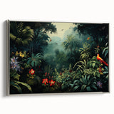 Framed wall art featuring a vibrant rainforest landscape design with lush greenery and intricate details, set against a sleek silver frame, ideal for home decor.