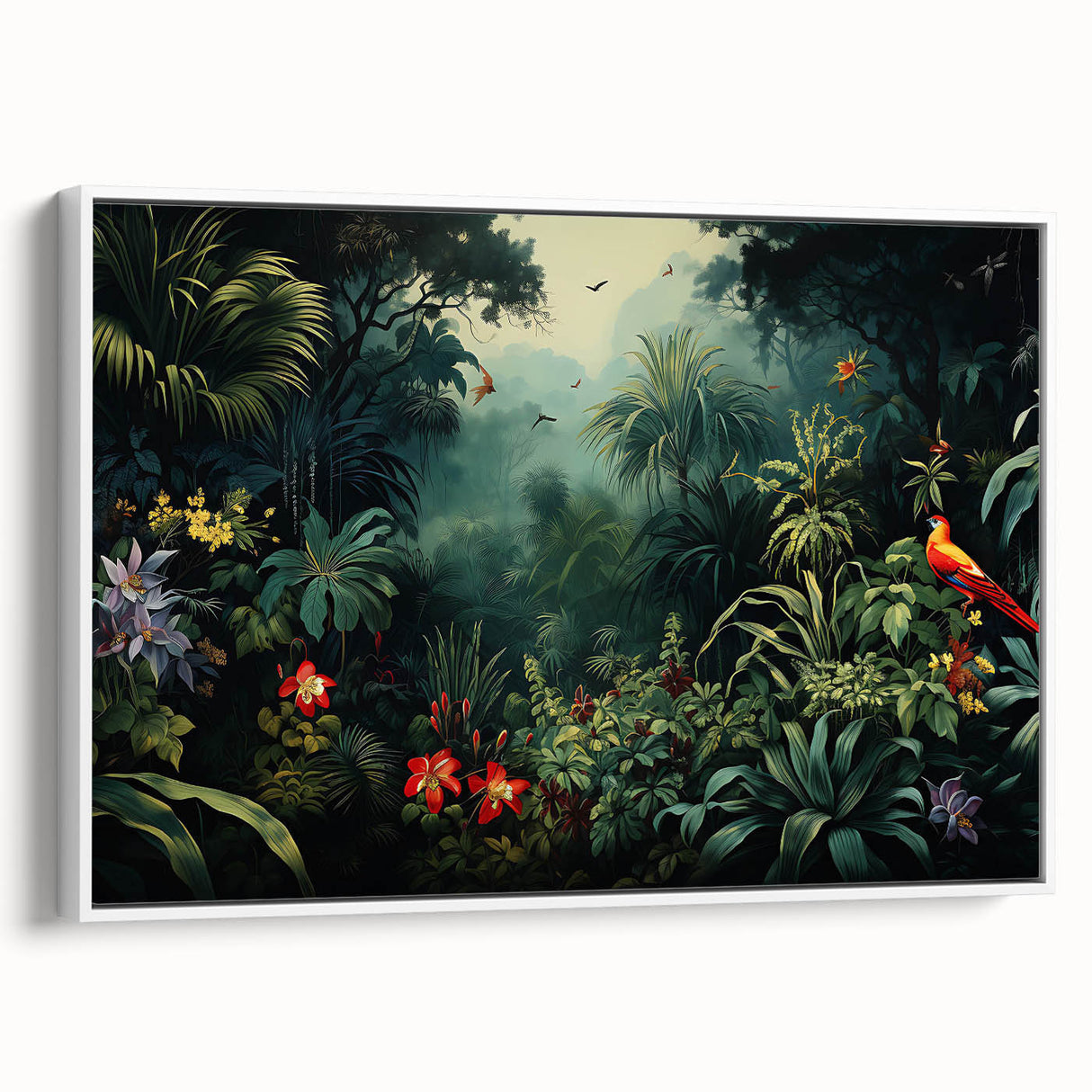 Framed canvas wall art showcasing a vibrant rainforest landscape design with lush greenery and colorful foliage, displayed in a white frame from a side view. Ideal for nature-inspired home decor.