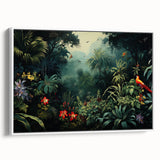 Framed canvas wall art showcasing a vibrant rainforest landscape design with lush greenery and colorful foliage, displayed in a white frame from a side view. Ideal for nature-inspired home decor.