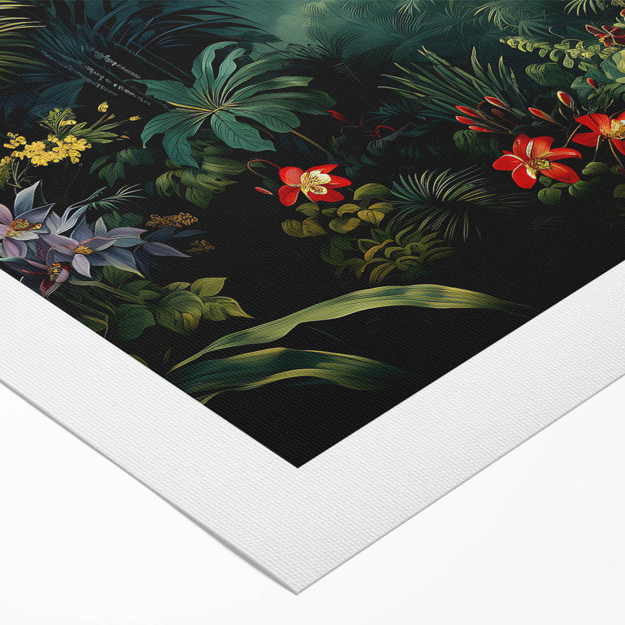 Vibrant rolled canvas showcasing lush rainforest landscape design, featuring rich greens and earthy tones, perfect for enhancing interior decor.