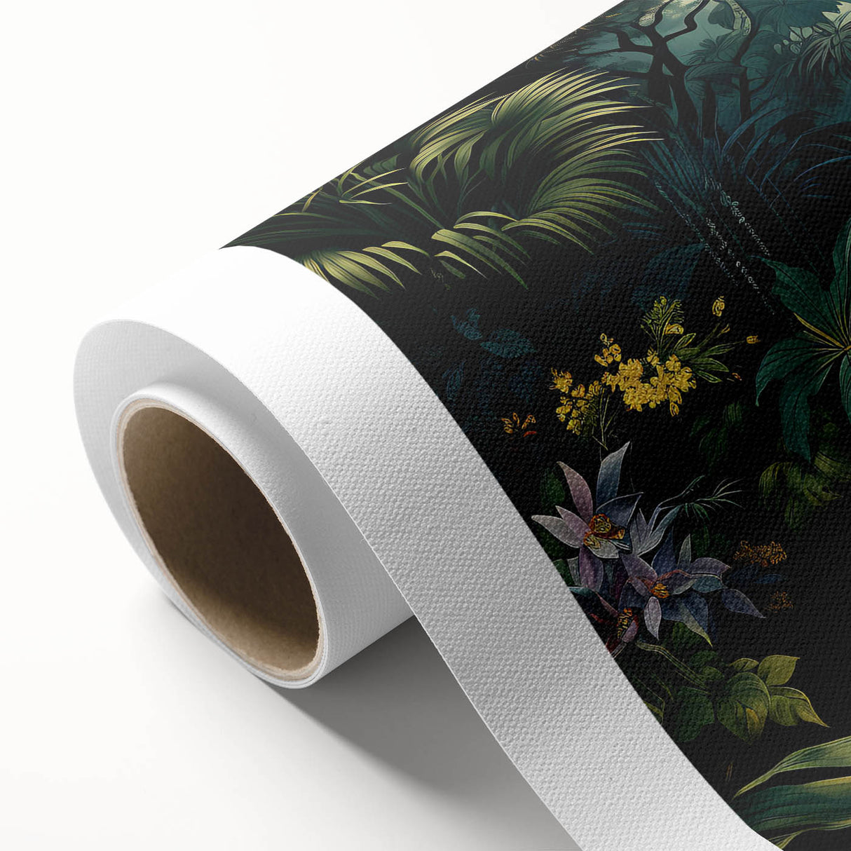 Vibrant rainforest landscape wall art design on rolled canvas, showcasing lush greenery and vivid colors, perfect for enhancing home decor.