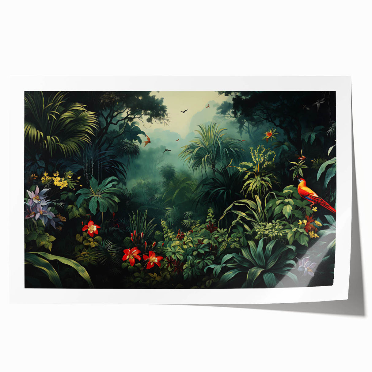 Vibrant rainforest landscape wall art print showcasing lush green foliage and vivid colors, rolled for easy shipping and display in any room decor. Perfect for nature enthusiasts and interior design lovers.