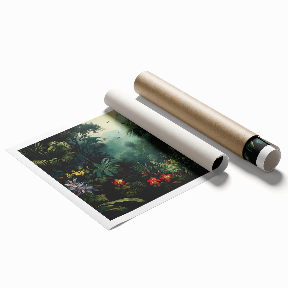Vibrant rainforest landscape wall art print showcasing lush greenery and exotic flora, rolled for easy shipping in a protective cardboard tube. Ideal for nature enthusiasts and interior decor.