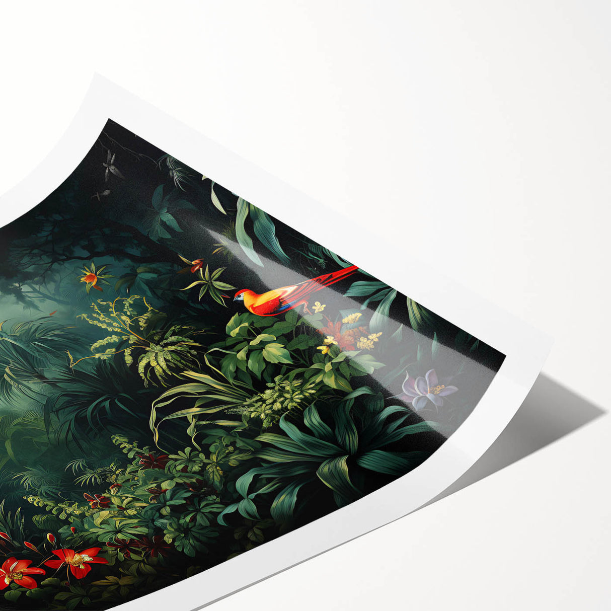 Vibrant rainforest landscape wall art print showcasing lush greenery and vivid flora, rolled for easy display, ideal for enhancing home decor.