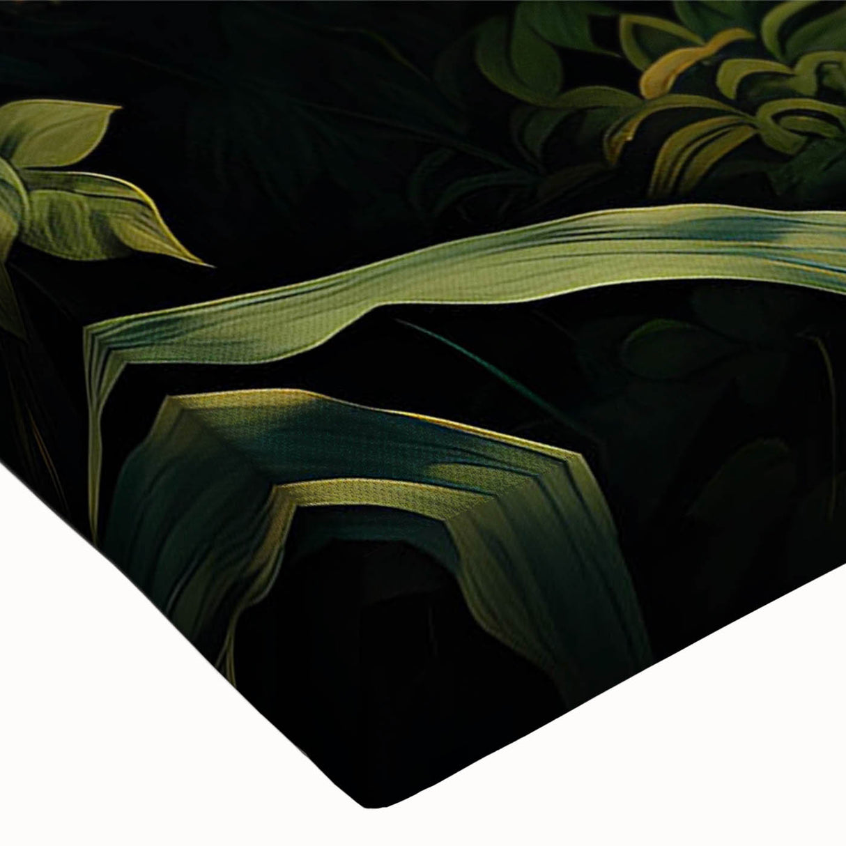 Close-up of a vibrant rainforest-themed stretched canvas wall art piece, showcasing rich green foliage and intricate details, perfect for nature lovers' home decor.