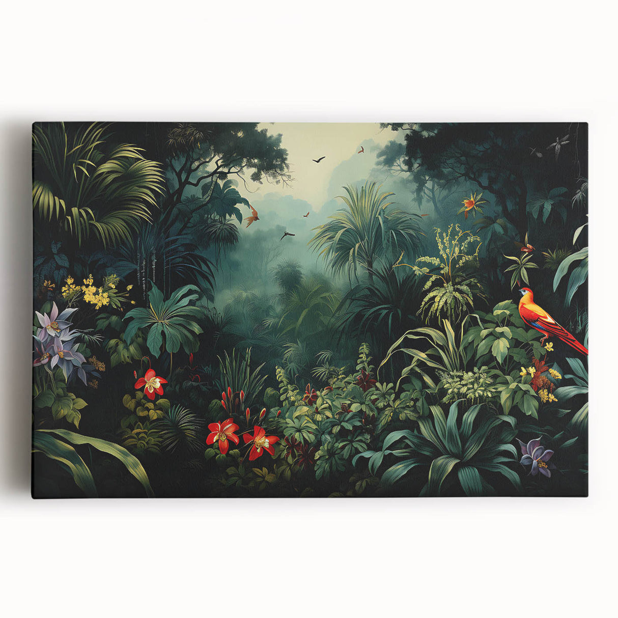 Vibrant stretched canvas artwork showcasing a lush rainforest landscape with rich greens and splashes of color, perfect for enhancing any nature-themed decor.