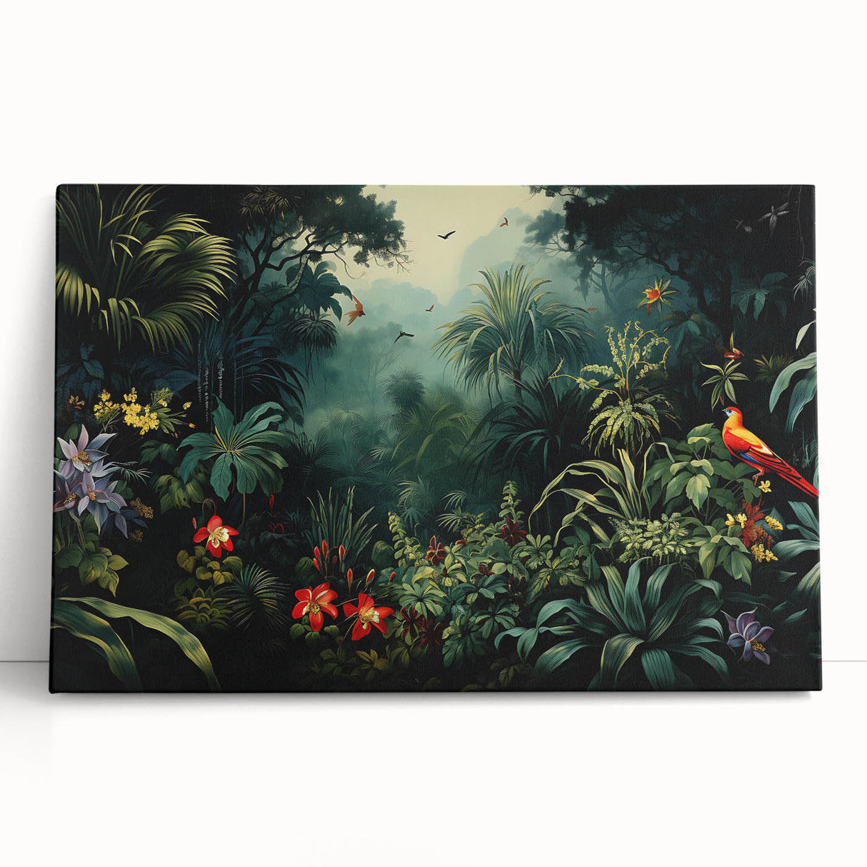 Stretched canvas wall art depicting a vibrant rainforest landscape, featuring lush green foliage and exotic flora, perfect for enhancing home decor with nature-inspired aesthetics. Ideal for creating a serene ambiance in living spaces or offices.
