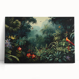 Stretched canvas wall art depicting a vibrant rainforest landscape, featuring lush green foliage and exotic flora, perfect for enhancing home decor with nature-inspired aesthetics. Ideal for creating a serene ambiance in living spaces or offices.