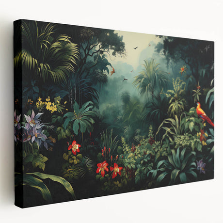 Stretched canvas featuring a vibrant rainforest landscape design, showcasing lush greenery and intricate details, ideal for home decor and nature enthusiasts.