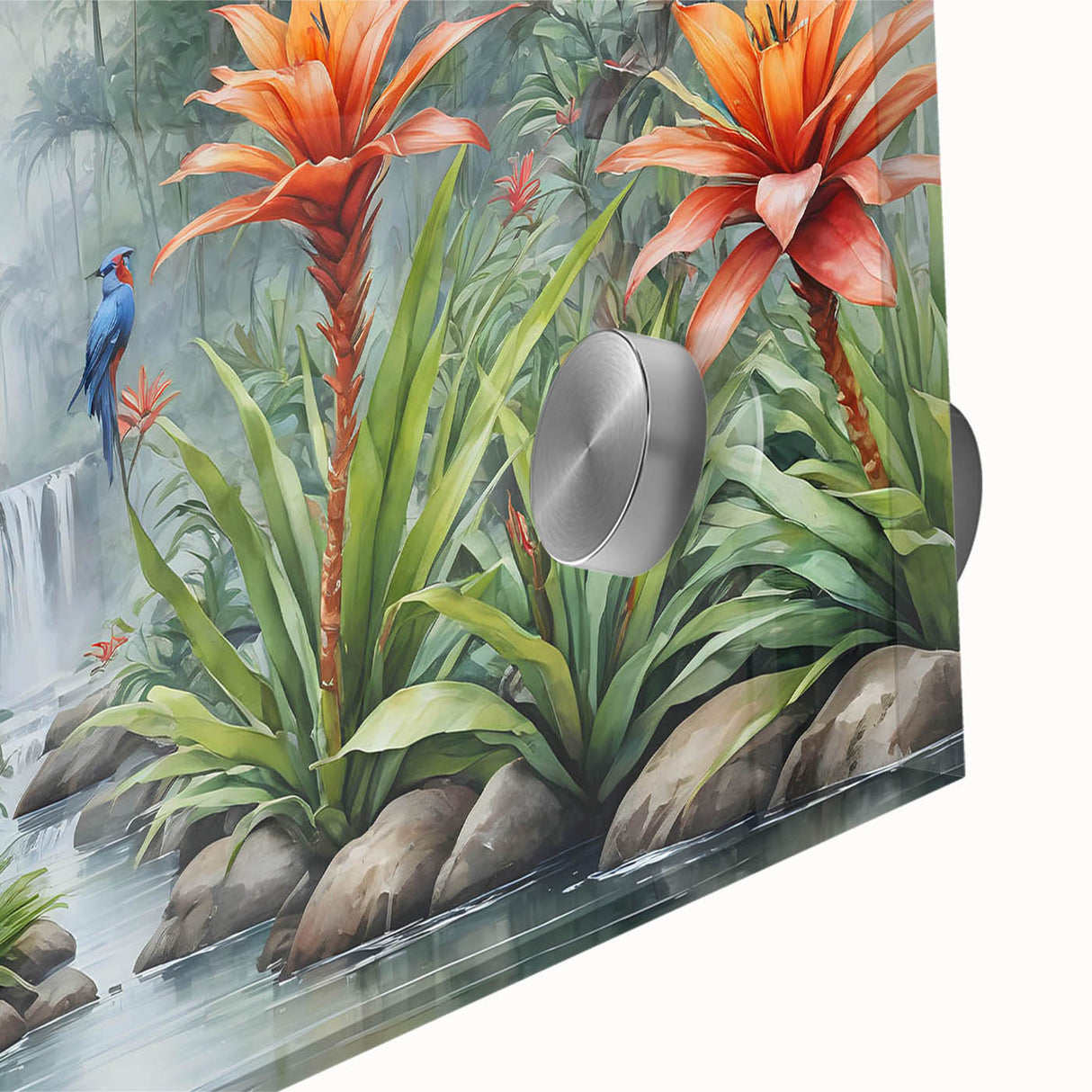 Close-up of vibrant rainforest wall art design on acrylic glass, showcasing lush green foliage and intricate details, perfect for nature-themed decor.