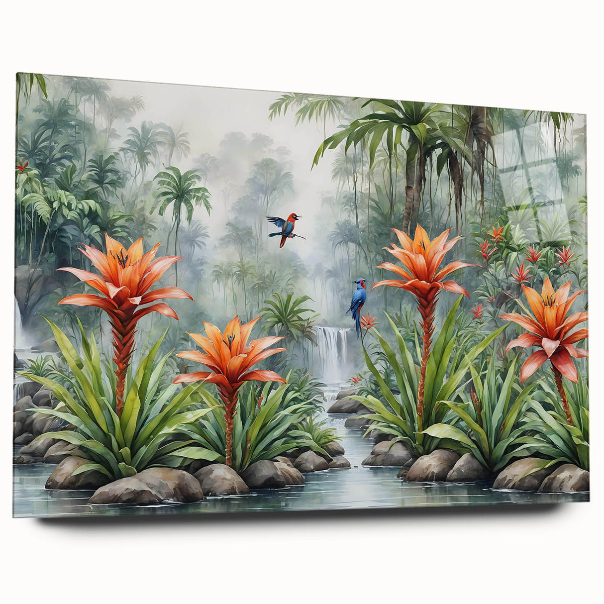 Acrylic glass wall art featuring a vibrant rainforest landscape design, showcasing lush greenery and exotic flora, perfect for adding a tropical touch to any room.