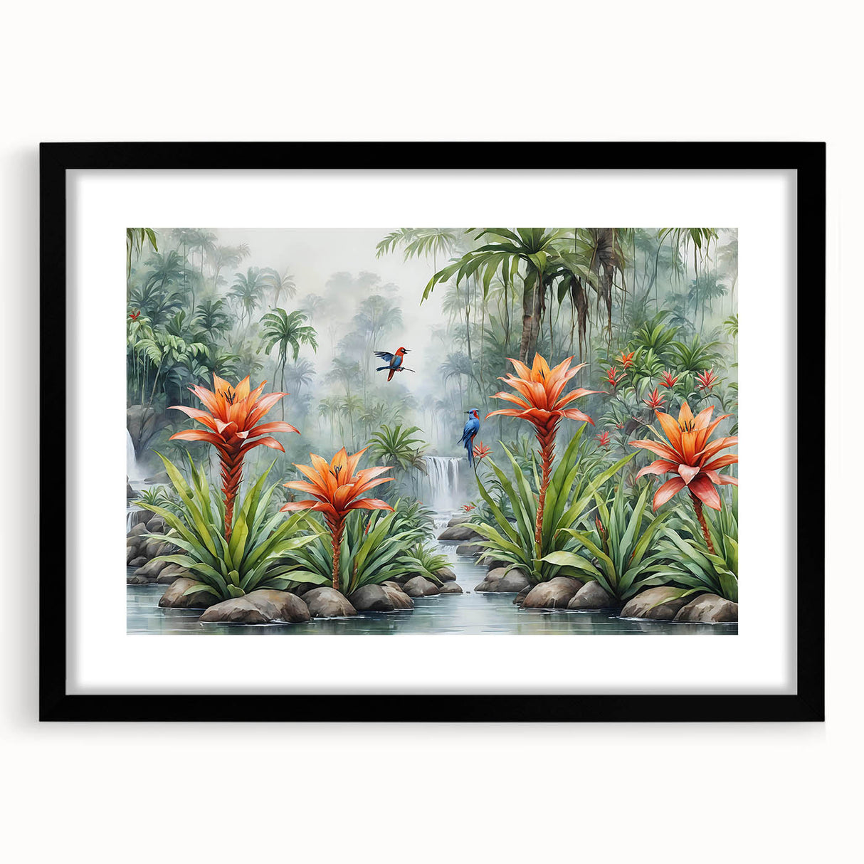 Framed rainforest landscape wall art design in a black frame with a white mat, showcasing vibrant greenery and serene nature, perfect for home decor.