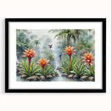 Framed rainforest landscape wall art design in a black frame with a white mat, showcasing vibrant greenery and serene nature, perfect for home decor.