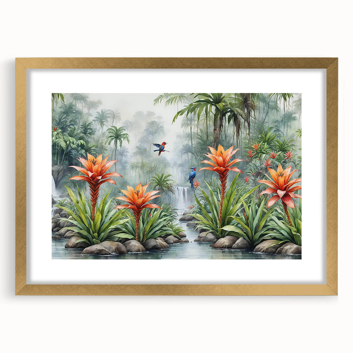 Framed rainforest landscape wall art with a gold mat, showcasing vibrant greens and earthy tones, perfect for enhancing home decor and bringing nature indoors.