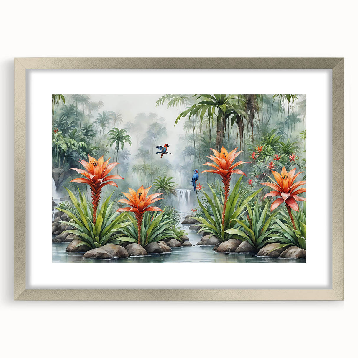 Framed wall art featuring a vibrant rainforest landscape design in a silver frame with a mat, perfect for enhancing home decor with natural beauty.