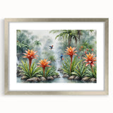Framed wall art featuring a vibrant rainforest landscape design in a silver frame with a mat, perfect for enhancing home decor with natural beauty.