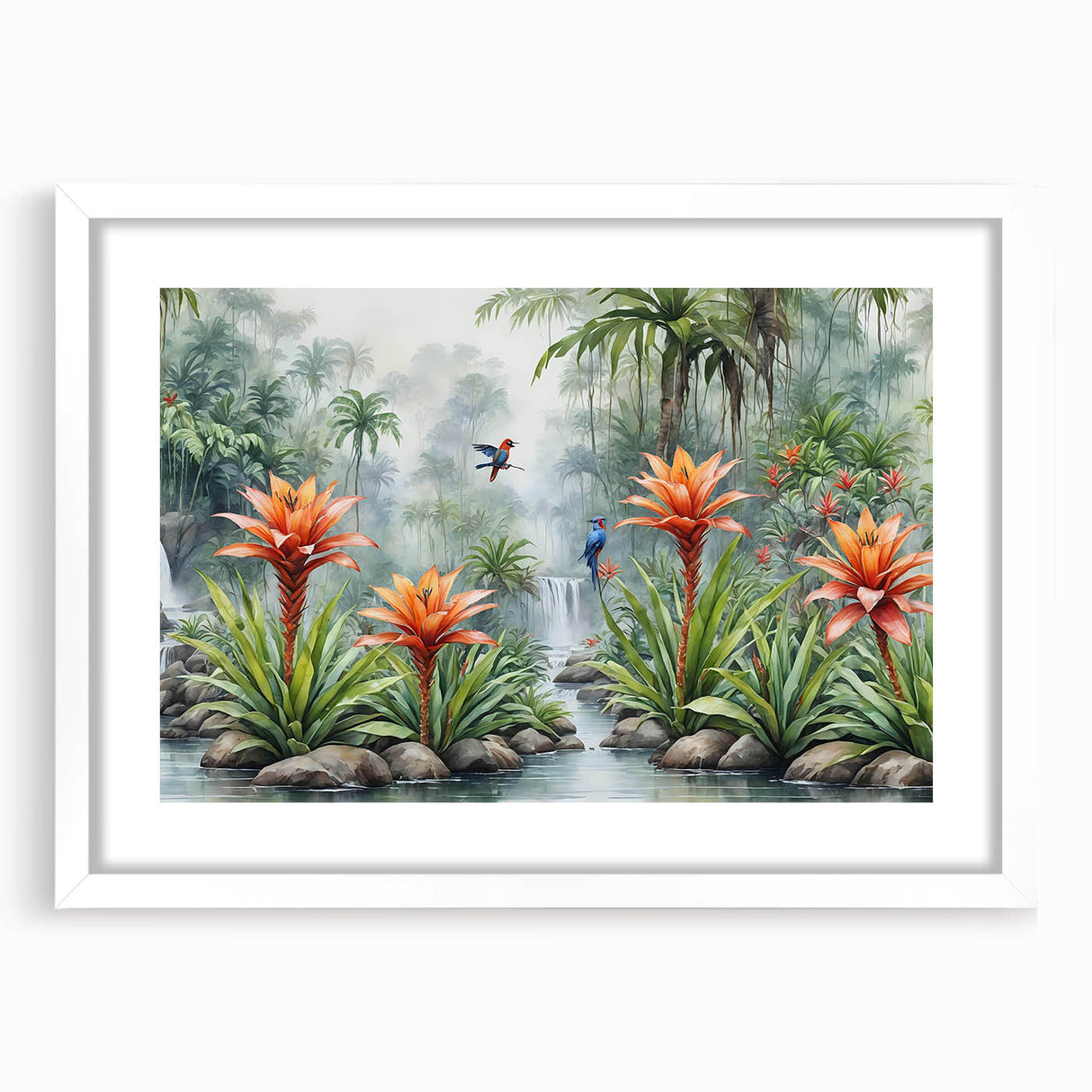 Framed wall art showcasing vibrant rainforest landscapes with lush greenery and tropical colors. The white mat enhances the artwork's detail, ideal for nature enthusiasts.