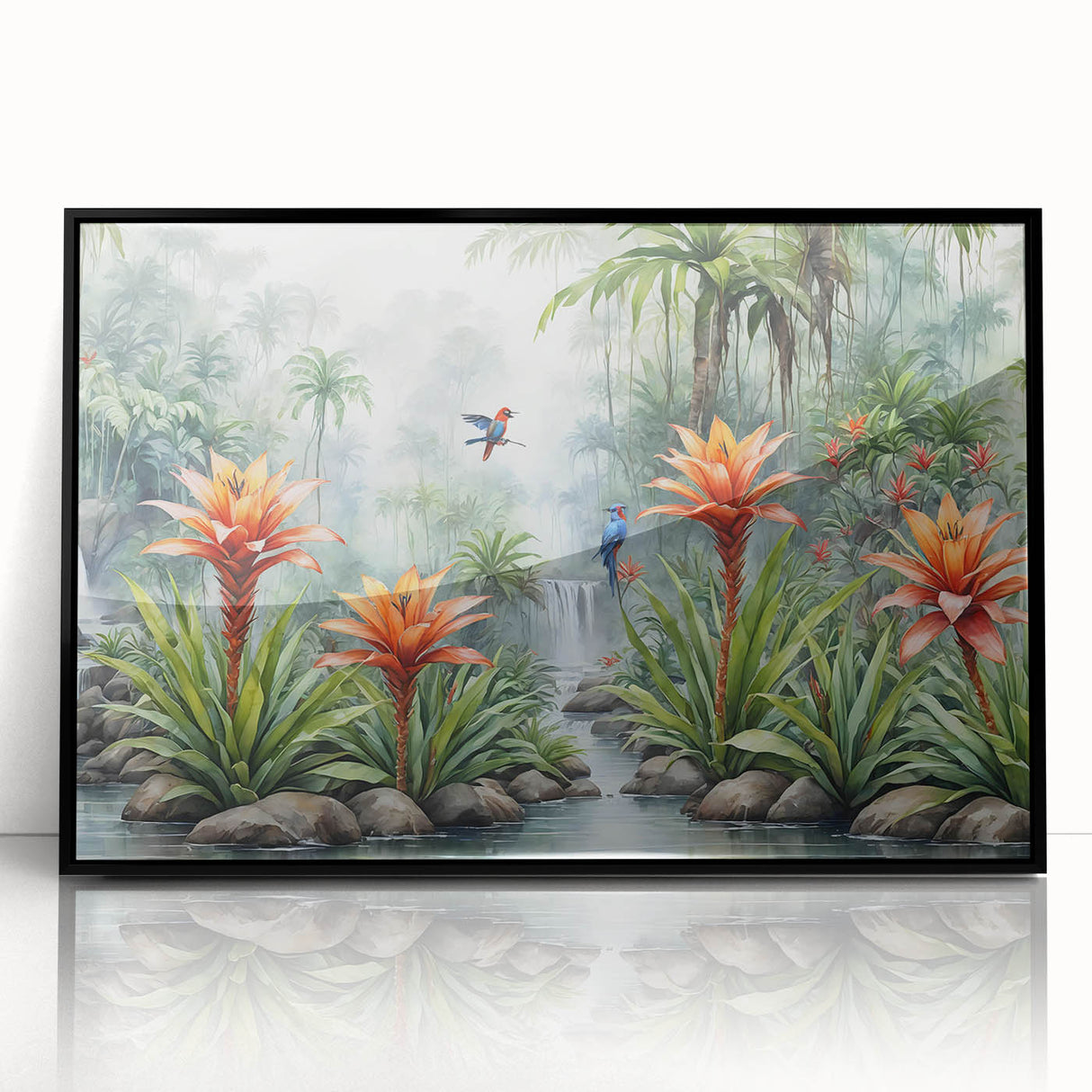 Framed acrylic wall art showcasing a vibrant rainforest landscape design with lush greenery and vivid colors, perfect for adding a tropical touch to home decor.
