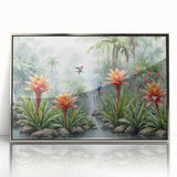 Framed acrylic wall art showcasing a vibrant rainforest landscape with lush green foliage and intricate details, set in a sleek silver frame, perfect for home decor.