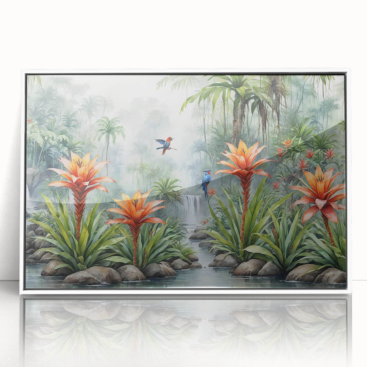 Framed acrylic wall art showcasing a vibrant rainforest landscape with lush greenery and tropical plants, designed to enhance interior aesthetics and evoke a sense of nature. Ideal for nature enthusiasts and modern home decor.