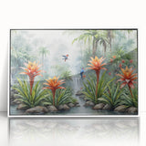 Framed acrylic wall art showcasing a vibrant rainforest landscape with lush greenery and tropical plants, designed to enhance interior aesthetics and evoke a sense of nature. Ideal for nature enthusiasts and modern home decor.