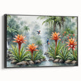 Framed canvas artwork showcasing a vibrant rainforest landscape design, featuring lush green foliage and tropical elements. The piece is elegantly displayed with a black frame, adding depth and sophistication to any decor. Ideal for nature enthusiasts and interior design lovers.
