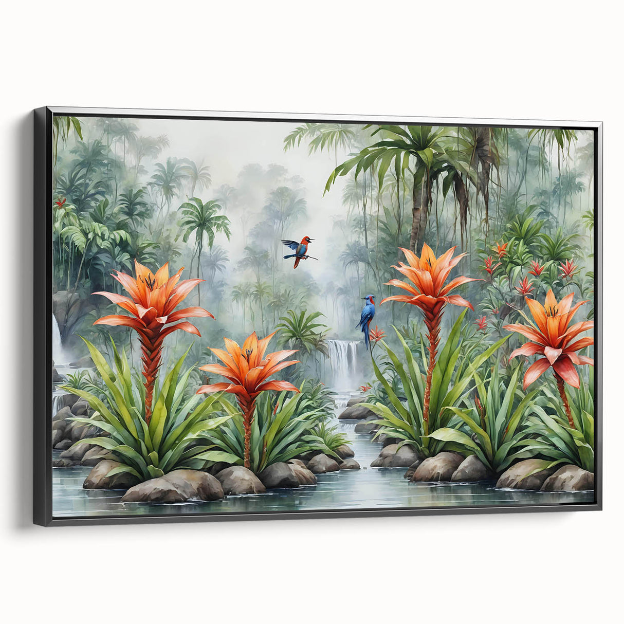 Framed canvas artwork showcasing a vibrant rainforest landscape design, featuring lush green foliage and tropical elements. The piece is elegantly displayed with a black frame, adding depth and sophistication to any decor. Ideal for nature enthusiasts and interior design lovers.