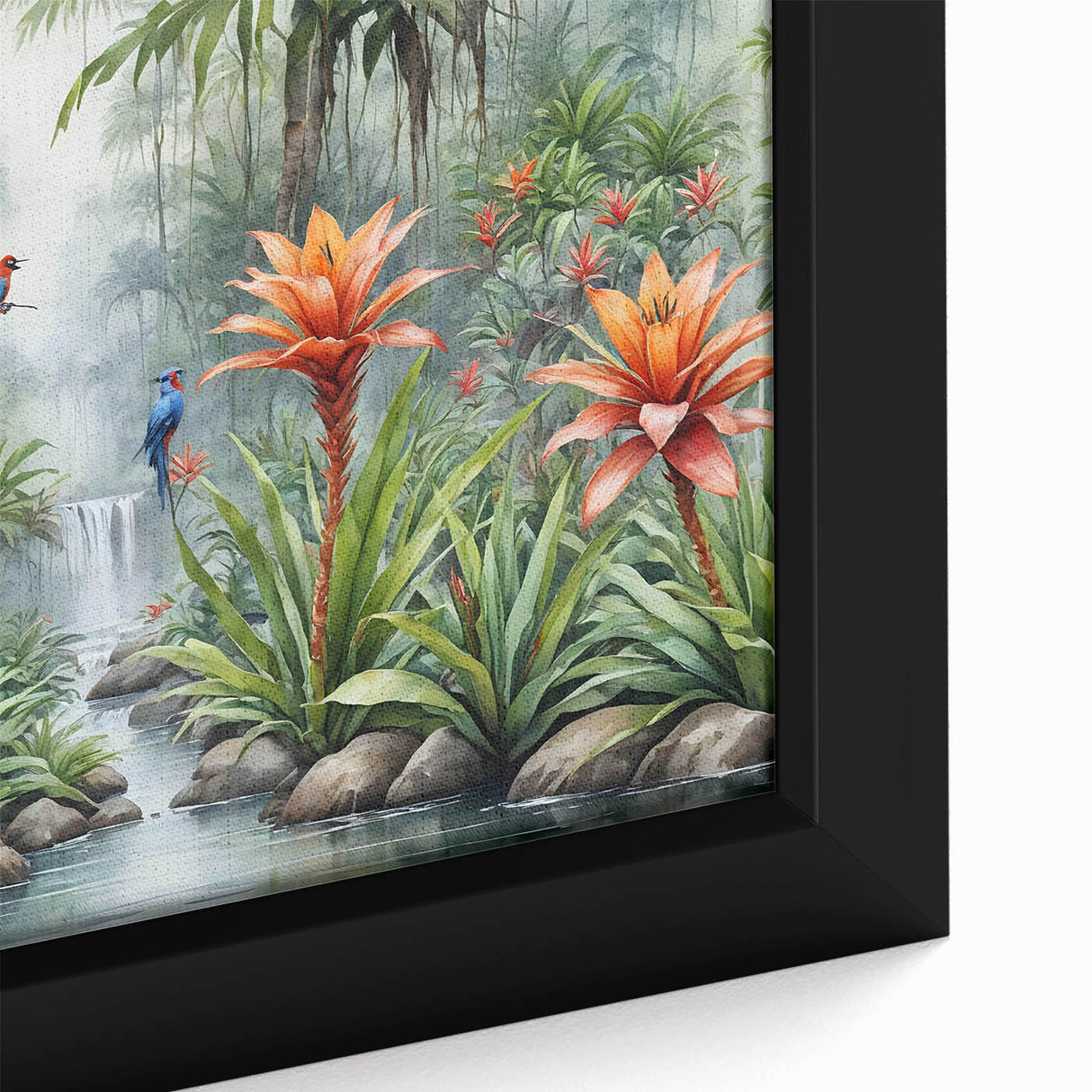 Close-up of a vibrant rainforest landscape wall art piece, showcasing lush green foliage, detailed textures, and a framed canvas design, ideal for nature enthusiasts.