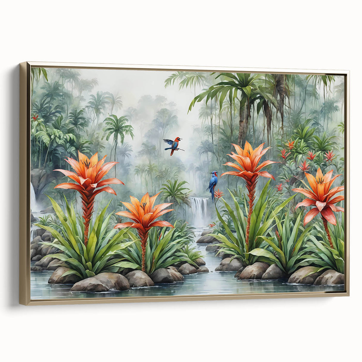 Framed canvas wall art showcasing a vibrant rainforest landscape with rich green foliage and golden accents, ideal for adding a touch of nature to home décor.
