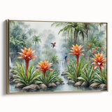 Framed canvas wall art showcasing a vibrant rainforest landscape with rich green foliage and golden accents, ideal for adding a touch of nature to home décor.