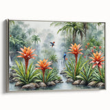 Framed canvas wall art showcasing a vibrant rainforest landscape design with rich greens and earthy tones, featuring a sleek silver frame. Ideal for nature-themed decor.