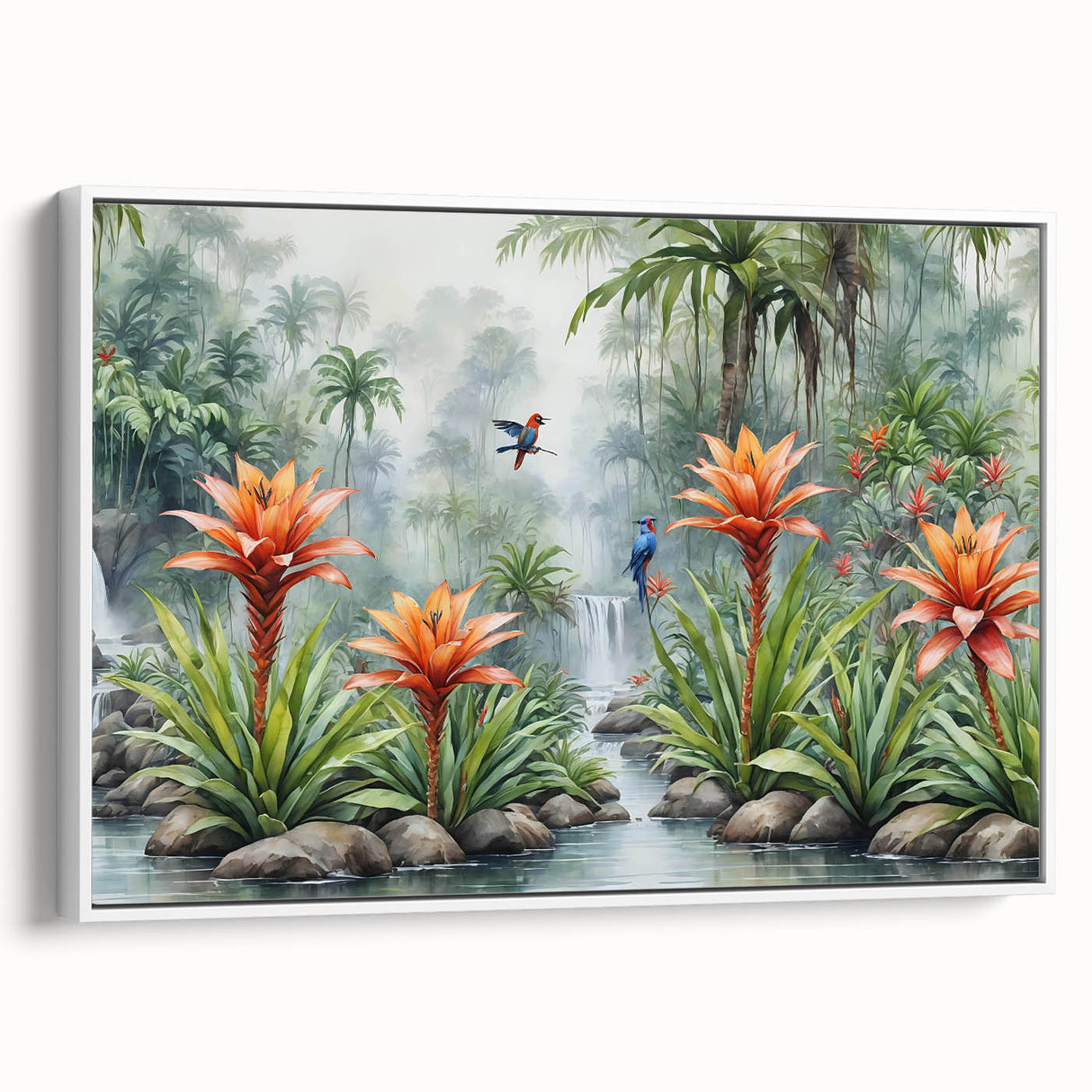 Framed canvas wall art showcasing a vibrant rainforest landscape design, featuring lush greenery and colorful flora, mounted in a sleek white frame, ideal for home decor.