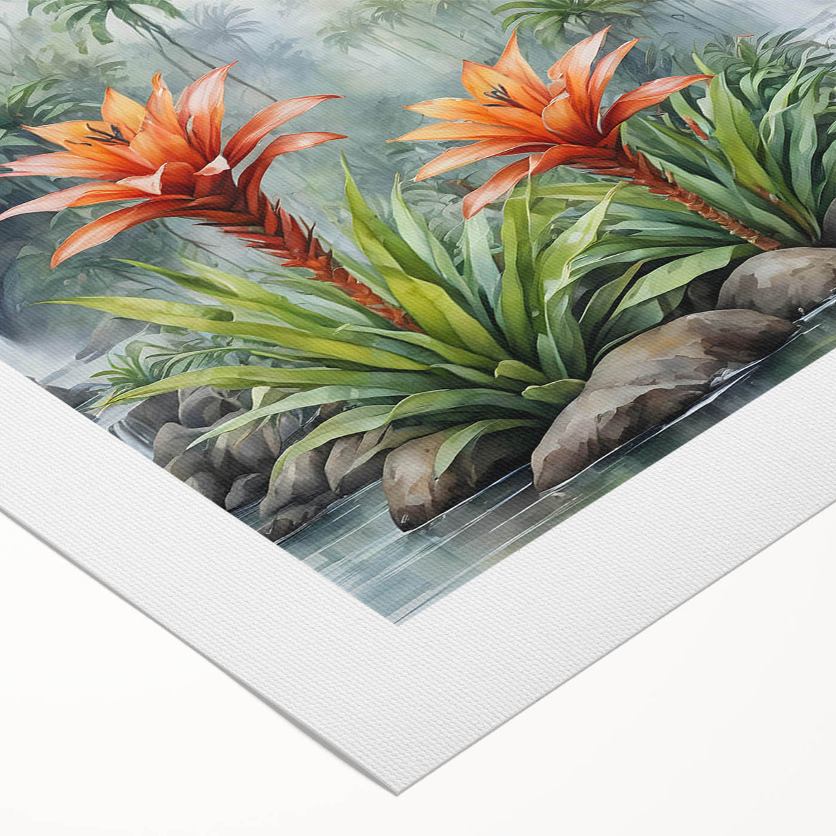 Vibrant rolled canvas showcasing a lush rainforest landscape design, featuring rich greens and detailed textures, ideal for enhancing any interior decor.