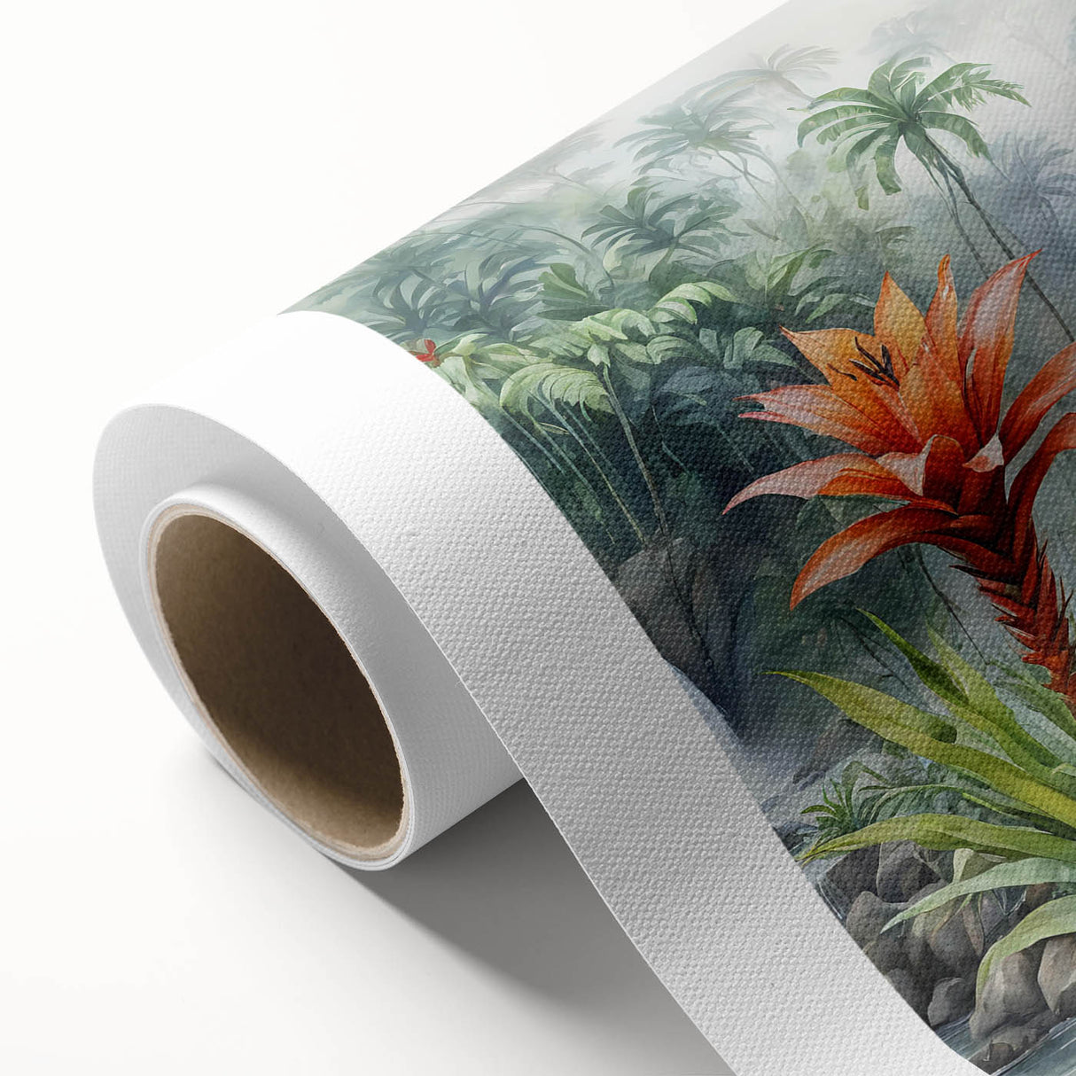 Vibrant rainforest landscape wall art design printed on rolled canvas, showcasing lush greenery and tropical foliage, perfect for home decor and nature enthusiasts.