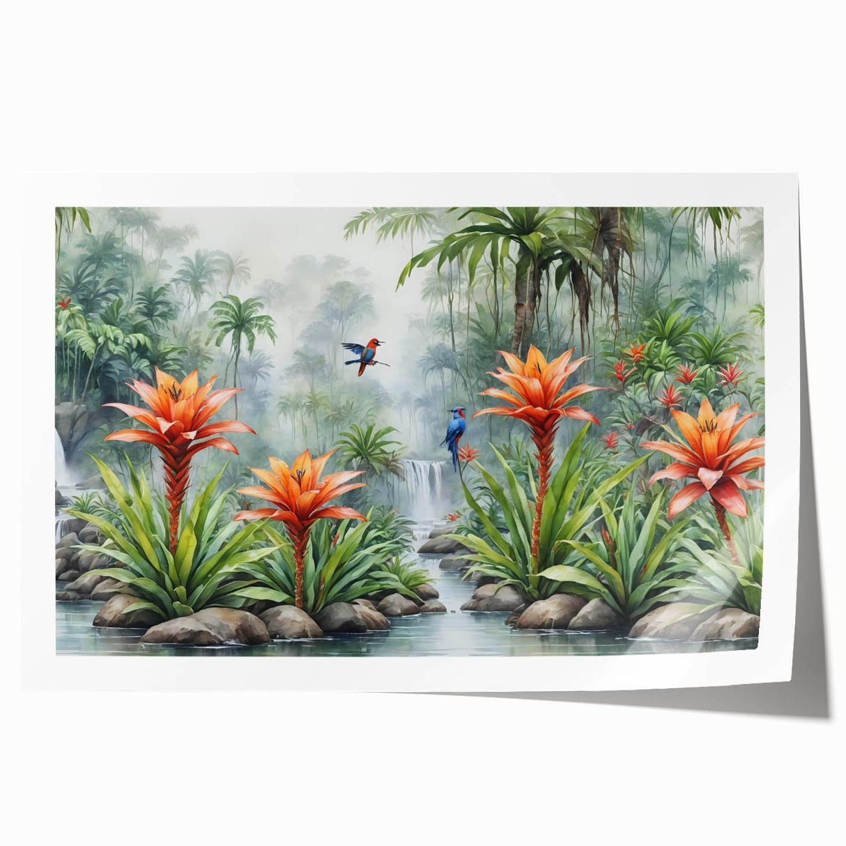 Vibrant rainforest landscape wall art print showcasing lush greenery and tropical flora, rolled and packaged in eco-friendly tube for easy shipping. Perfect for enhancing home decor.