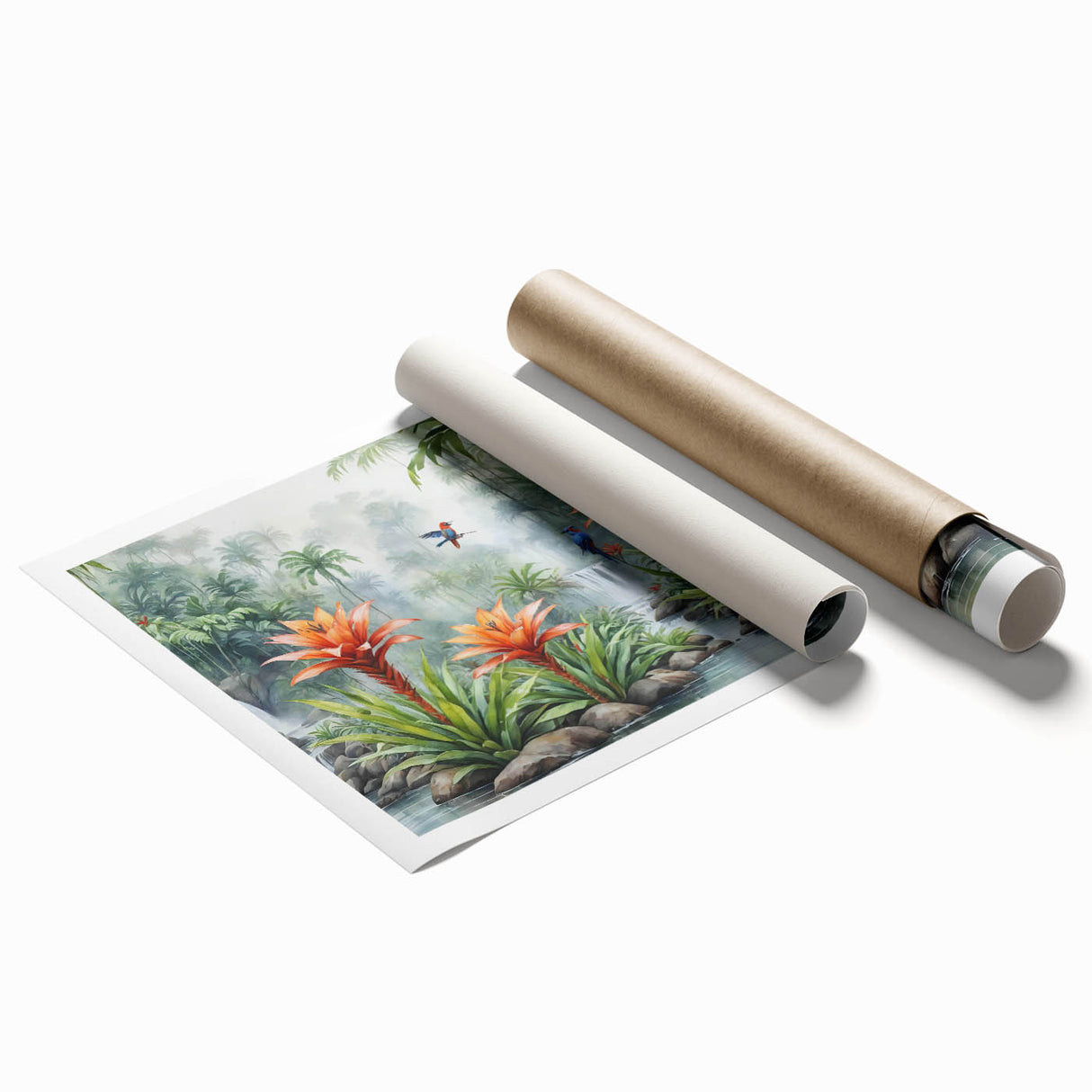 Vibrant rainforest landscape wall art print showcasing lush greenery and tropical flora, rolled for easy shipping in a protective cardboard tube. Ideal for nature-inspired decor.