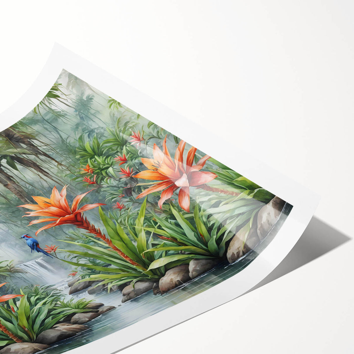 Vibrant rainforest landscape wall art print showcasing lush greenery and tropical flora, rolled for convenient storage and framed display options. Perfect for nature-themed decor.