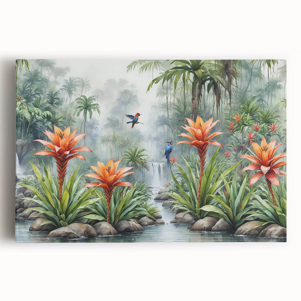 Vibrant stretched canvas wall art depicting a lush rainforest landscape with rich green foliage and serene water, ideal for home decor and nature enthusiasts.