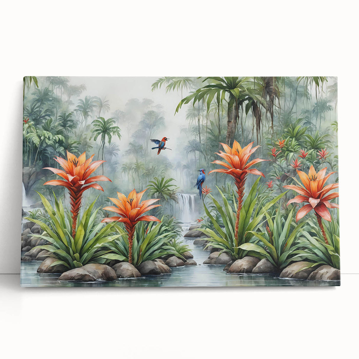 Vibrant rainforest landscape wall art on stretched canvas, showcasing lush green foliage and vivid colors, perfect for adding a nature-inspired touch to any space.