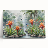 Vibrant rainforest landscape wall art on stretched canvas, showcasing lush green foliage and vivid colors, perfect for adding a nature-inspired touch to any space.