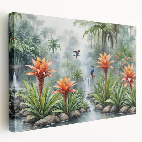 Stretched canvas wall art displaying a vibrant rainforest landscape with lush greenery and tropical colors, perfect for nature-themed decor.