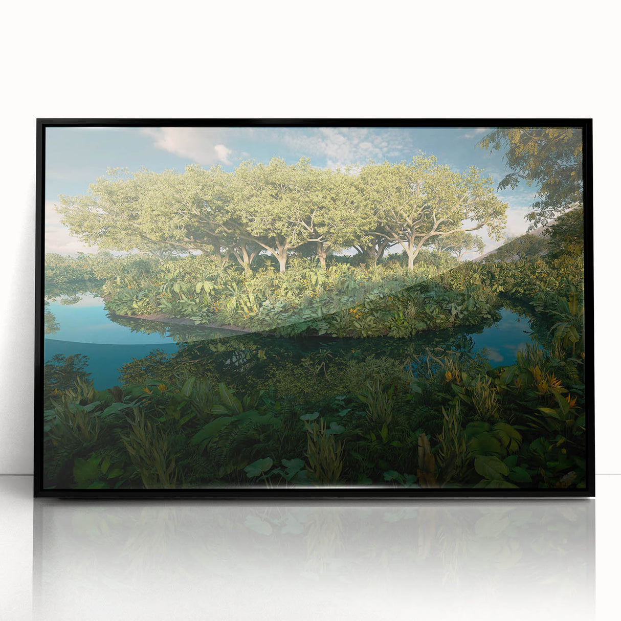 Framed acrylic wall art showcasing a vibrant rainforest landscape design, featuring lush green foliage and a serene atmosphere, perfect for home decor.