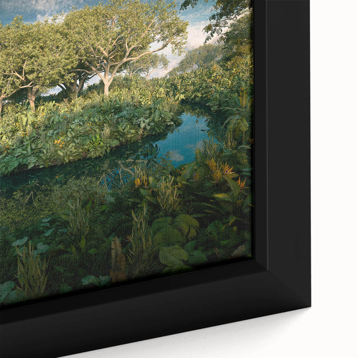 Close-up of a framed rainforest landscape wall art piece, showcasing vibrant greens and intricate details of foliage and wildlife, perfect for nature-inspired decor.