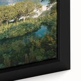 Close-up of a framed rainforest landscape wall art piece, showcasing vibrant greens and intricate details of foliage and wildlife, perfect for nature-inspired decor.