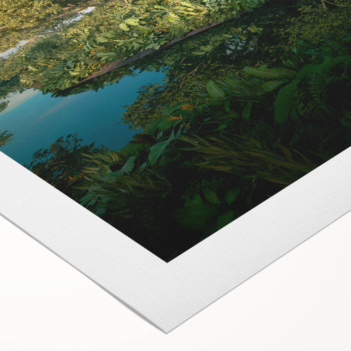 Vibrant rainforest landscape wall art on rolled canvas, showcasing lush greenery and rich colors, perfect for home decor and nature enthusiasts.